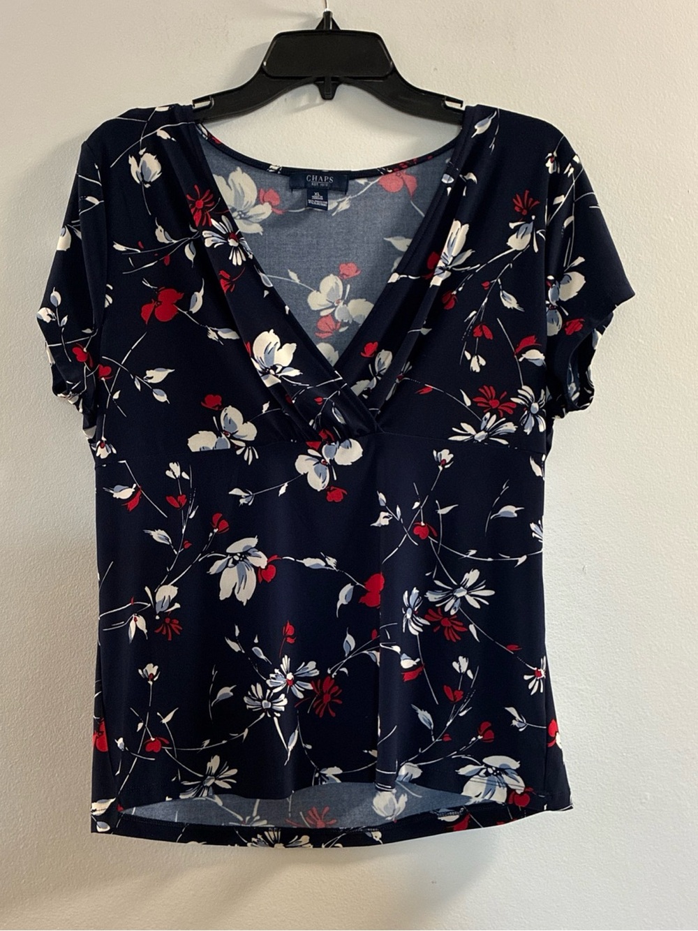 Chaps Navy Floral V-Neck Blouse with Red and White Accents